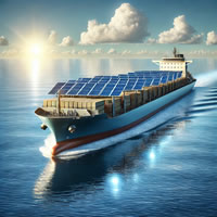 A green leaf or a tree symbol, or a ship with solar panels. green-leaf-ship-min